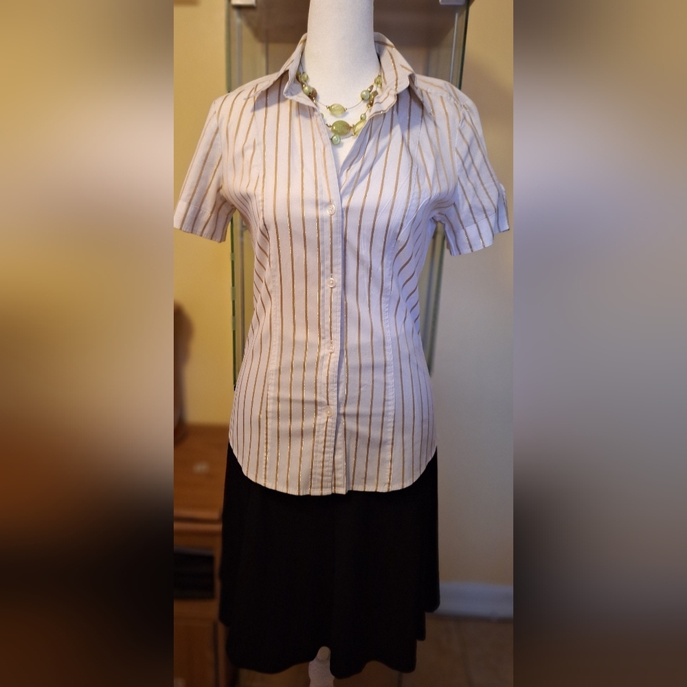New York & Company White and Gold Striped Top